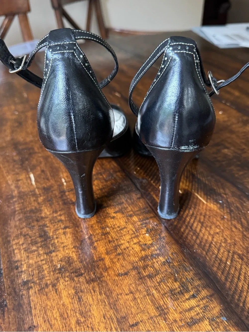 Franco Sarto Black Leather Ankle-Strap Pumps with Decorative Cutouts